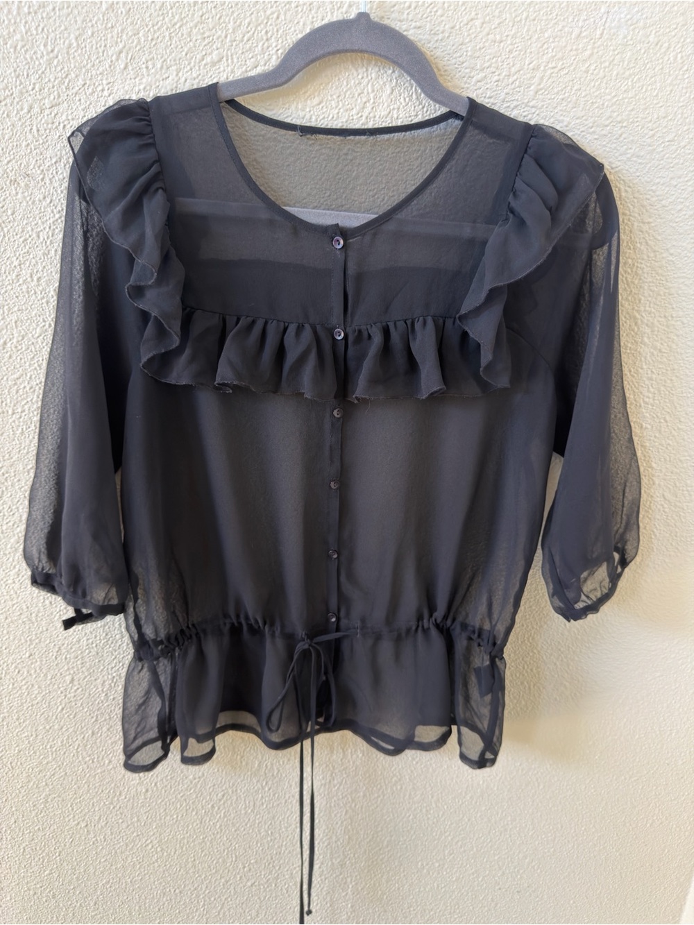 Women's Sheer Ruffle Button-Front Blouse - Black
